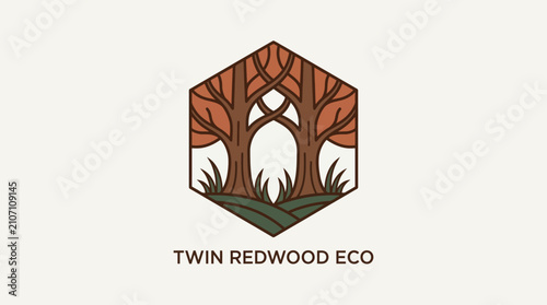 Twin Redwood Eco A Natural Logo Design Featuring a Forest Landscape within a Hexagonal Frame, Symbolizing Growth and Sustainability