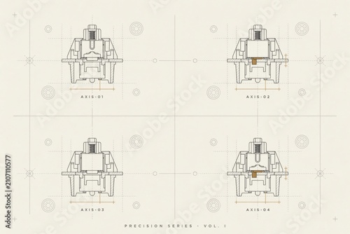 Technical engineering blueprint showing four mechanical keyboard switches with precise measurements and labels on a light beige background