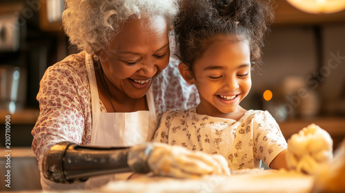 Grandmother with arm prosthesis and granddaughter enjoy baking together in the kitchen during daytime
