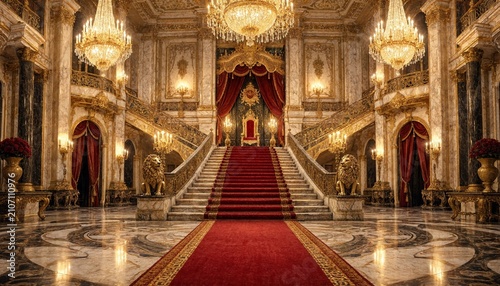 Grand royal palace hall with a majestic staircase and a red carpet leading to a throne room in a luxurious castle interior with golden lighting and purple velvet curtains