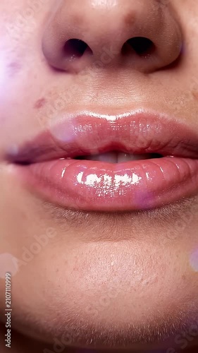 Extreme close up of glossy pink lips and skin texture.
