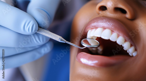 Close-up of Afro-American teen receiving dental care in a clinic setting with a dental tool