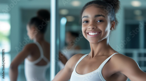 Afro-American teen girl with leg prosthesis smiles while practicing dancing in a bright studio during daytime