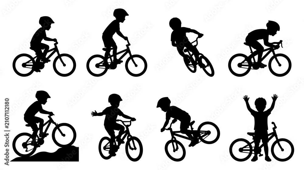 Obraz premium Black silhouette set of cyclists riding bicycles, flat shapes of sports activities and outdoor recreation, isolated vector icons for web UI