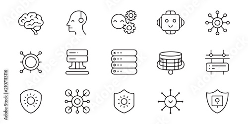 Cuadro en lienzo Set of outline icons representing artificial intelligence machine learning neural network and advanced cyber security