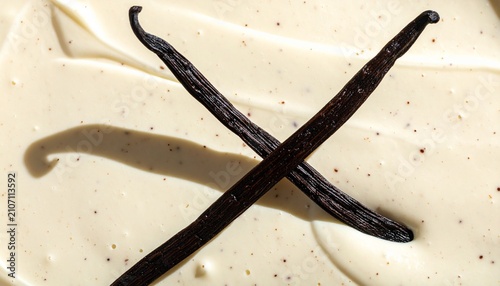 Fotografía Fresh Vanilla Beans on Creamy Custard Background Close-up Macro Food Photo
