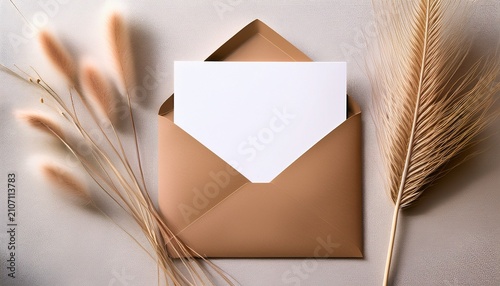 Artistic Stationary And Envelope A Minimalist Flat Lay Featuring A Blank White Card Nestled Within A Craft Paper Envelope Adorned By A Dried Grass Element All Bathed In Soft Natural Light