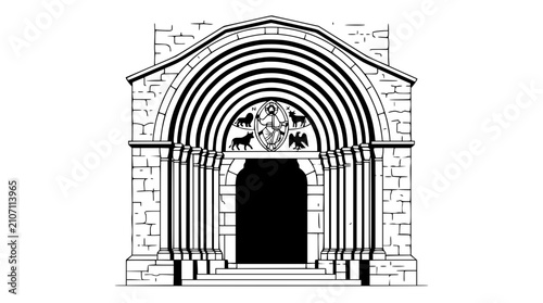 Foto Romanesque Church Facade with Arches and Sculptural Reliefs