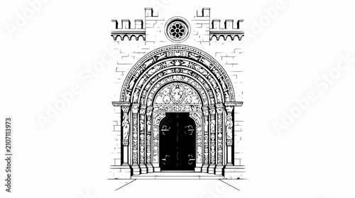 Foto Ornate Romanesque Archway Entrance with Detailed Carvings and Stone Facade