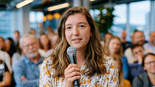 Female founder fielding a condescending question from an audience member at a startup panel event, standing composed and sharp at a microphone, the room watching as she dismantles the bias embedded 