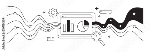 Abstract data analytics background featuring digital graphs and business charts analyzed by magnifying glass tool.