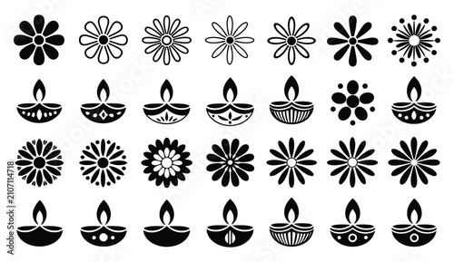 Foto Set of black silhouette featuring various floral patterns, circular shapes, and