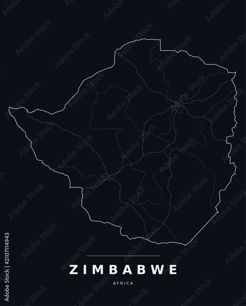 Obraz premium Zimbabwe Africa country map with internal region boundaries and major highways. Editable white line vector on a black background for dark mode slides and web design.