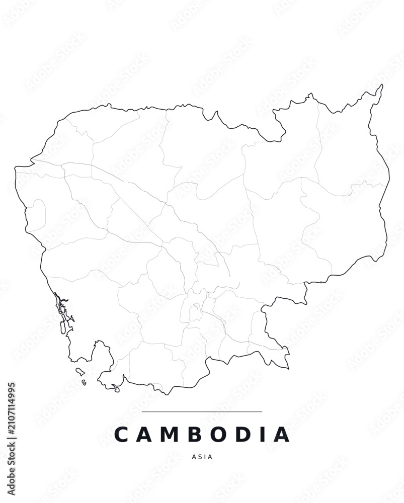 Obraz premium Cambodia Asia country map with internal region boundaries and major highways. Editable black line vector on a white background for poster print and classroom use.