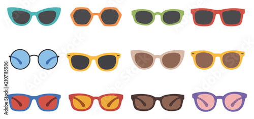 Set of twelve different colorful sunglasses with various frame shapes and lens colors on a white background, for summer fashion accessories
