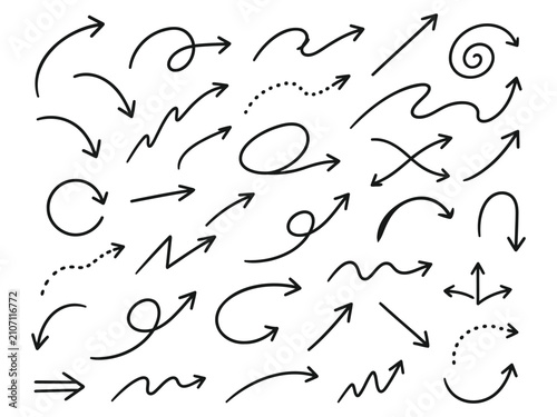 Premium Hand Drawn Arrow Collection Set, Curved Directional Arrows, Doodle Sketch Navigation Symbols, Modern Monoline Vector Elements