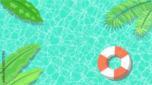 Tropical summer beach sea background with pool water rippled surface, lifebuoy and palm leaves illustration