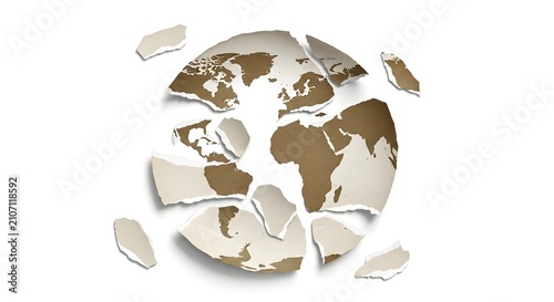 Fragmented earth globe concept illustrating global crisis environmental damage and political instability