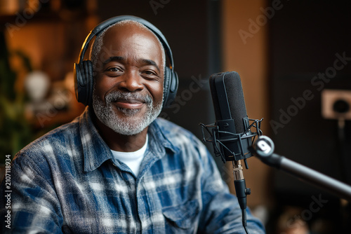 Grandpa records podcast at home studio with microphone and headphones during afternoon session with good mood