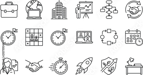 Corporate business management and strategic planning icon set with flowchart rocket building line art vector elements
