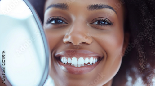 Woman examines teeth using a digital mirror in a bright dental office during a routine check-up