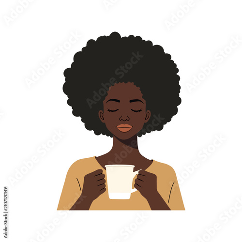 Beautiful African American Woman with Afro Hair Holding Coffee Mug Vector Illustration