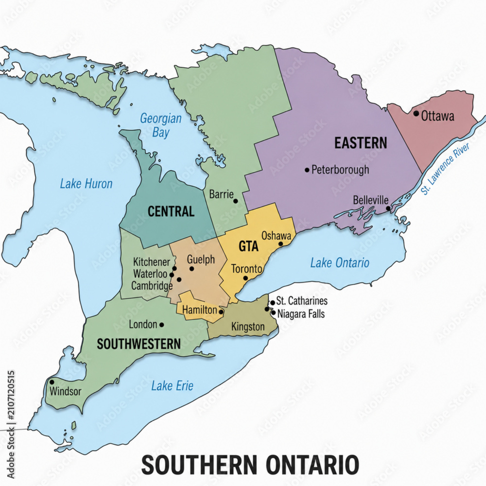 Obraz premium Southern Ontario Canada Color Political Map – Clean Minimal Vector Illustration