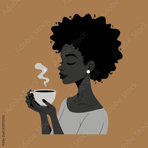 Minimalist Vector Illustration of Black Woman with Afro Hair Holding Hot Coffee Cup on Brown Background