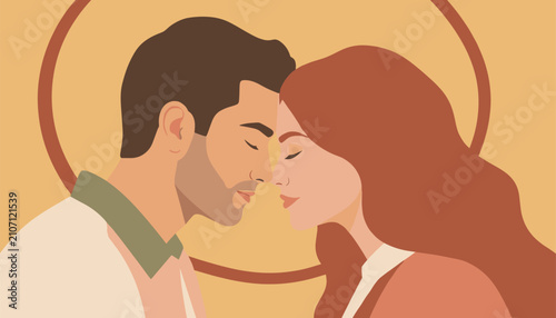 Loving couple touching noses in a romantic silhouette portrait against a warm orange circle background.