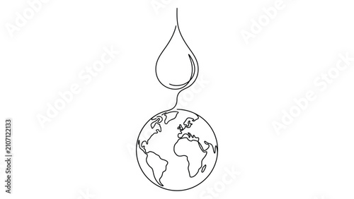 Continuous one line drawing of a water drop falling onto the planet Earth