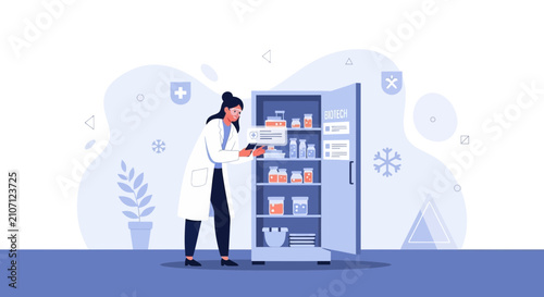 Biotechnology Research Laboratory: Scientist Organizes Samples in Freezer Cabinet