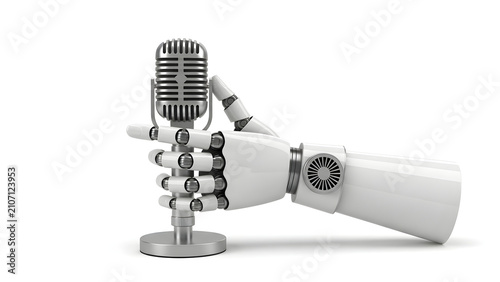 A Futuristic Robotic Hand Holding A Classic Vintage Style Microphone Symbolizing Artificial Intelligence Voice Synthesis Technology