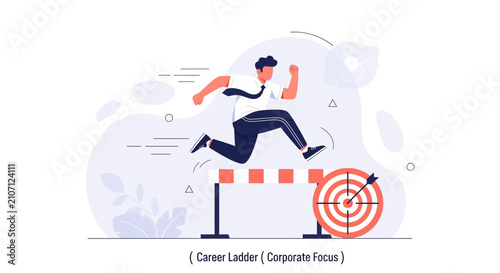 Businessman jumping over hurdle towards target, symbolizing career growth, ambition, and overcoming challenges in business
