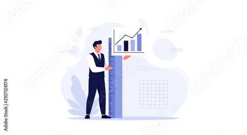 Businessman Measuring Financial Growth with Ruler and Upward Trending Bar Chart Illustration