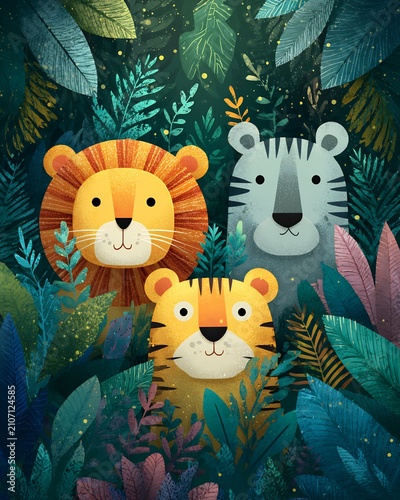 Friendly Lion and Two Tigers Peeking from Dense Jungle Leaves, Whimsical Cartoon Illustration for Kids