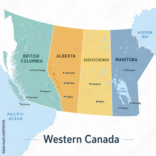 Bild auf Leinwand Western Canada Region Color Political Map – Clean Minimal Vector Illustration