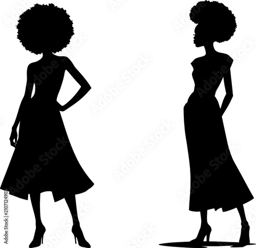 Elegant Black Women Fashion Models Silhouette Set with Afro Hairstyles Vector Illustration