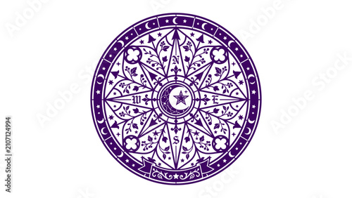фотографія Celestial Navigation Compass: An intricate, mystical purple compass rose design featuring ornate floral patterns, lunar motifs, and directional markers, evoking themes of magic and cosmic exploration