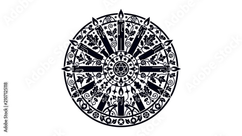 Canvastavla Dharmachakra: Intricate black and white illustration of a Dharmachakra, symbolizing Buddhist teachings and the wheel of dharma