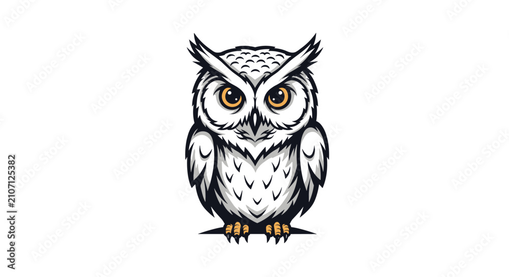 Fototapeta premium Head and body of a wise looking white owl with orange eyes presented in a clean graphic vector mascot logo design.