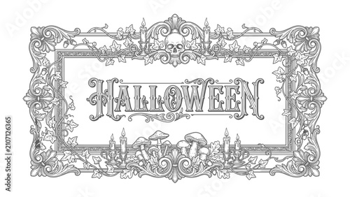 Vintage Halloween Flourish: An ornate, black and white decorative border frames the word HALLOWEEN with intricate scrollwork, vintage candelabras, and subtle spooky elements like skulls and mushrooms.