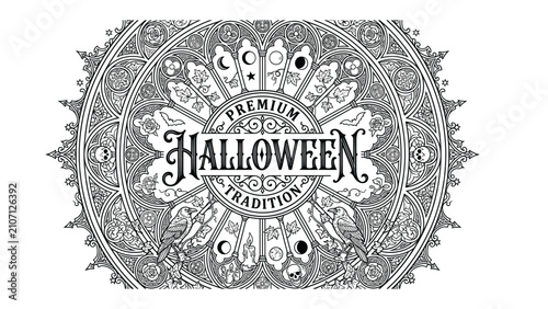 Intricate Halloween Design: A vintage-inspired, ornate circular design featuring classic Halloween motifs like bats, moons.
