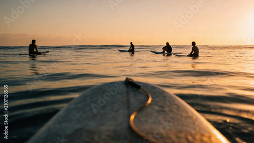 Group of surfer waiting for wave in ocean at sunset. Silhouette of man on surfboard during International Surfing Day. Sports athlete practice water sport in sea. Summer active lifestyle.