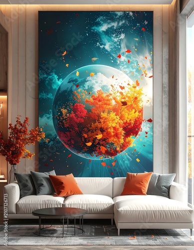 Autumnal Essence Sphere Digital Illustration of Abstract Planet Art With Autumn Forest Landscape Hanging in Modern Living Room Interior