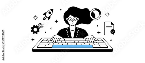 Businesswoman typing on giant keyboard working on project launch. Flat line art illustration of female programmer coding, multitasking with rocket and gear icons in minimalist design.