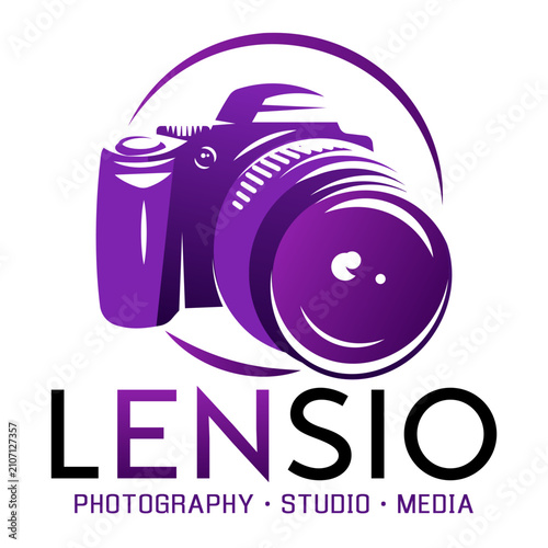 Professional Digital Photography Studio Branding Logo Featuring A Stylized Purple Camera And Lens Graphic With Text LENSIO Photography Studio Media.