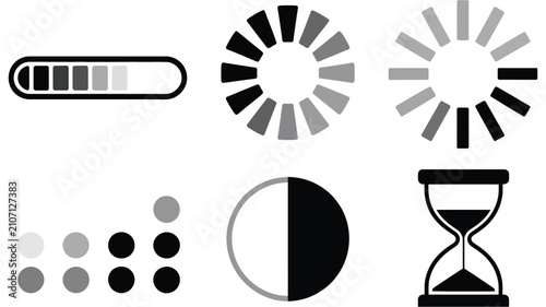 Foto Loading indicator and progress bar icons featuring spinner, buffer, download, upload, wait status, and hourglass symbols for user interface design