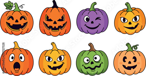 Tableau sur toile Halloween Cute Colorful Pumpkin Jack O Lantern Face Icon Set Featuring Cartoon S
