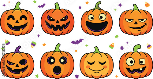 Schilderij op canvas Halloween Cute Orange Pumpkin Jack O Lantern Face Icon Set Featuring Cartoon Smi