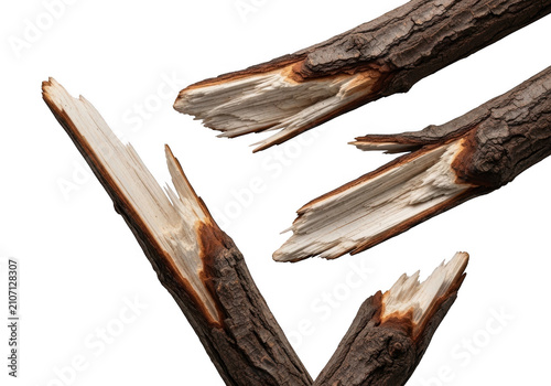 Broken tree branches with splintered wood texture isolated on transparent background